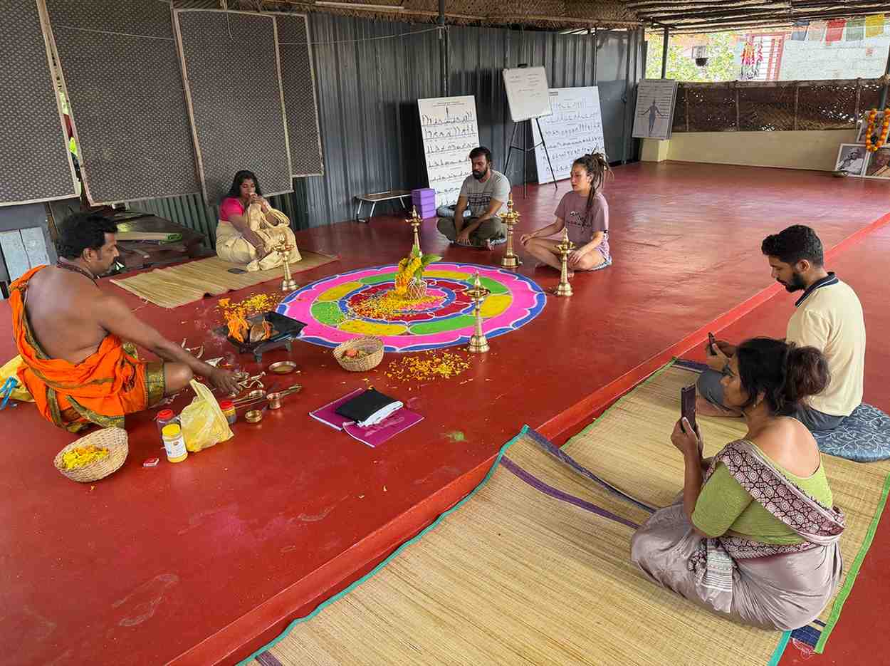 Group Hatha yoga class in session